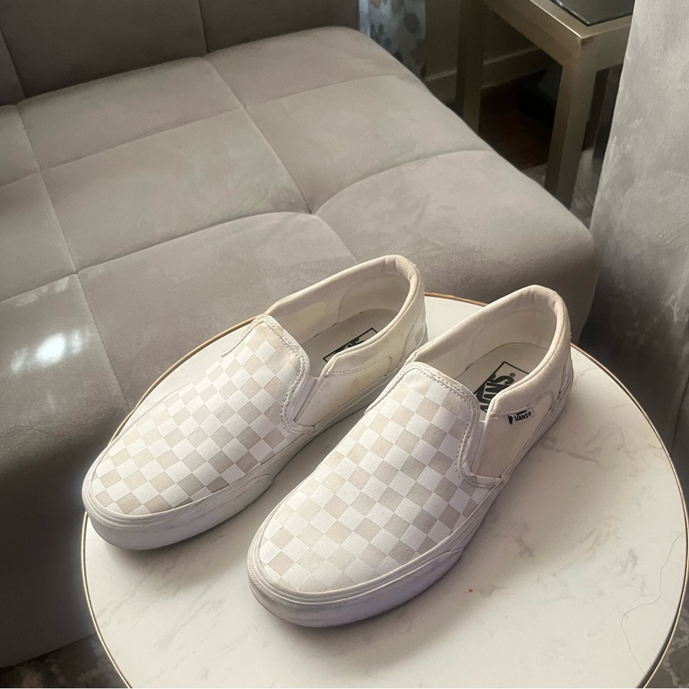 White Checkered Slip on Vans